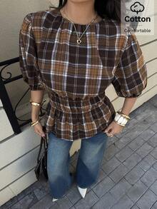 Siren Gaze 女士格子圆领短泡泡袖收腰时尚衬衫 - 巧克力棕 - 查看 4