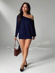 SHEIN PETITE 性感斜肩长袖修身迷你连衣裙，街头风音乐节必备，夏季女装 - 藏蓝色 - 查看 6