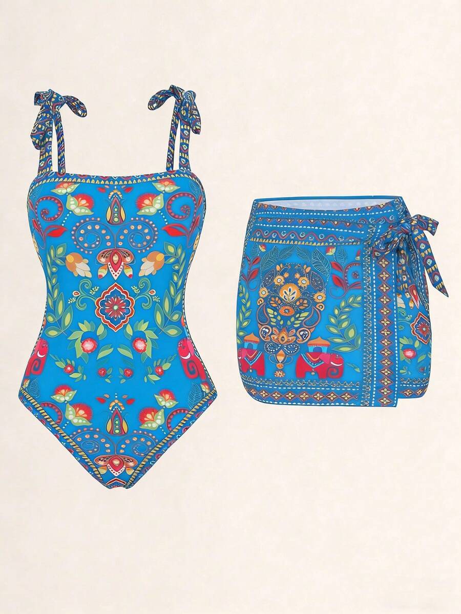 Swim Oasis 两件套:定位印花吊带上衣+定位印花半裙,夏季畅销款 - 寶藍色 - 查看 1
