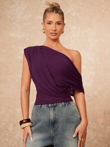 Lumalex 秋冬高端女装休闲日常通勤优雅纯色腰部不对称肩部褶皱上衣 - 紫色 - 查看 4