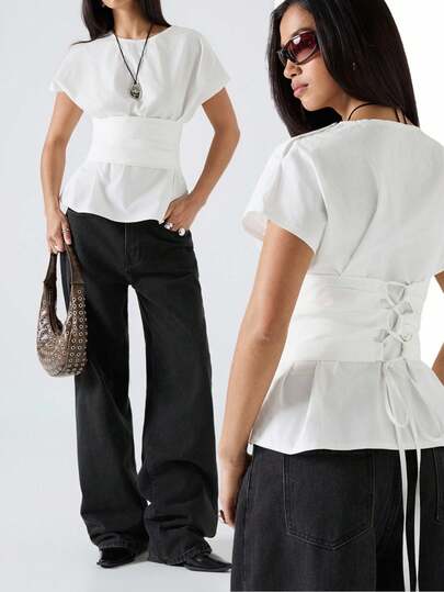 LYSMO 2026 New Arrive Minimalism Spring/Summer Women's Solid Color Round Neck Waist Fitted T-Shirt, Fashionable & Minimalist,Stylish Women's Blouses/Casual Blouses For Women