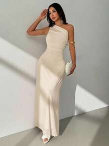 SHEIN PETITE 女士优雅浪漫时尚通勤性感优雅不对称肩部修身长裙，适合派对、海滩度假、返校、浪漫约会、婚礼季、生日、复活节装扮、春夏连衣裙 - 米色 - 查看 6