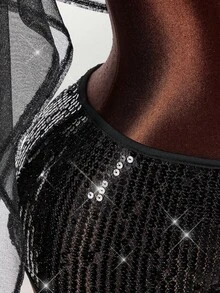 Amplova 2026 Music Festival Sheer Asymmetric Hem Crop Top & Low Waist Sequin Mini Shorts Set For Women Mesh Cover Up Bathing Suits With Ups - Black - View 8