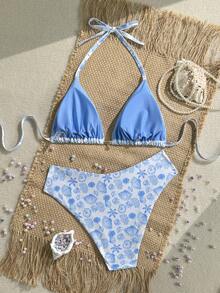 Swim Mod Plus Size Women's Shell Print Sweet Beach Vacation Bikini Set - Blue - View 2