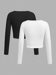 SHEIN PETITE 2pcs/Set Sexy Wide Neck Long Sleeve Form-Fitting T-Shirt Crop Tops Y2k - Multicolor - View 5