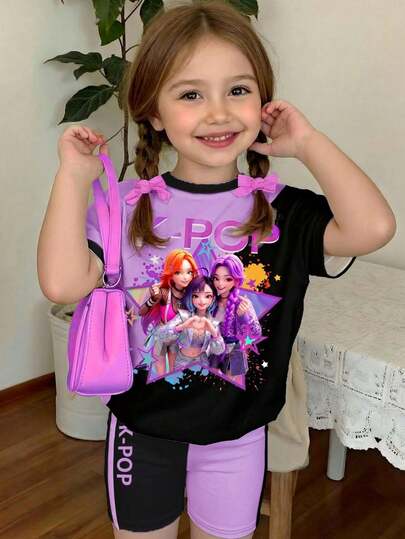 Young Girl Casual Comfortable Star & Pretty Girl Group Idol Pattern Short Sleeve Top And Contrast Color Shorts Set, Girls Outfit, Versatile Casual, Suitable For Spring/Summer, Sweet & Cute For Summer, Suitable For Outings, Outdoor, Photography, Back To School, Sports, Festivals, Gifts