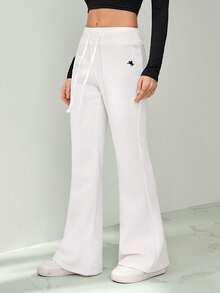 SHEIN Tall Women's Embroidery Flare Pants, Fashionable Design Suitable For Summer Flare Sweat Pants - White - View 4