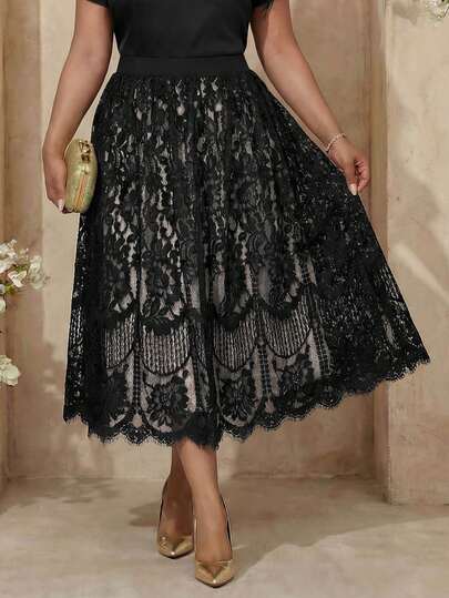 Fleurora Spring And Summer Elegant Commuting Office Work Cocktail Party Concert/Music Festival Black Knitted Lace Midi Plus Size Skirt Black Party Carnival Costume Holiday Spring Women Spring Fashionable Elegant Vintage Lace Versatile Skirt