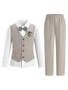 SHEIN Teen Boy 3-Piece Suit: Khaki Vest, Elastic Waist Pants, Bow Tie & Long Sleeve Shirt, Gentleman Style, Spring/Summer In Fall/Winter - Multicolor - View 4