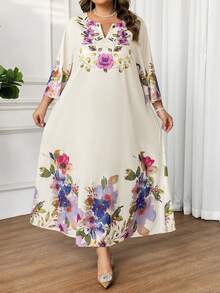 SHEIN CURVE+ 新款休闲卡通印花连衣裙，适合婚礼宾客，优雅连衣裙，波西米亚风印花连衣裙 - 杏色 - 查看 3