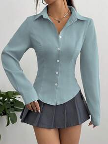 SHEIN Unity 女款灰藍色前扣長袖襯衫，秋季優雅日常上衣，高雅辦公穿搭工作服，正式穿著教師上衣 - 薄荷藍 - 查看 5