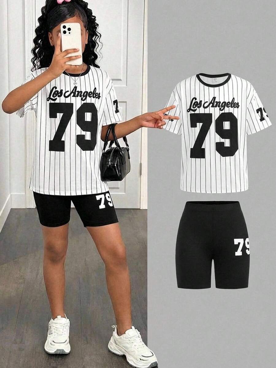 2pcs Tween Girls' Black & White Ball Game Knit Tracksuit Set, Sporty, Fashionable, Versatile, Suitable For Party, Outing, Photoshoot, Park, Camping, Vacation, Casual Wear - Black - View 1