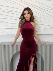 Jemour 女式荷葉邊掛脖洋裝 - 酒紅色 - 查看 5