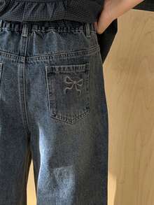 DAZY 少女蝴蝶结刺绣口袋阔腿宽松休闲百搭牛仔裤 - 藍色 - 查看 11