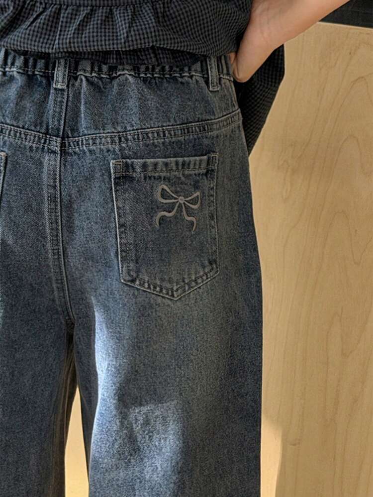 Tween Girls' Bow Embroidered Pocket Wide Leg Loose Casual Versatile Jeans