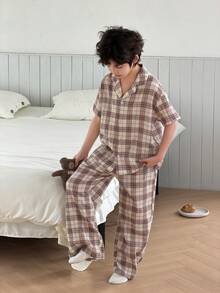 DAZY Tween Boys' Plaid Minimalist Casual Short Sleeve Pajamas - Apricot - View 3