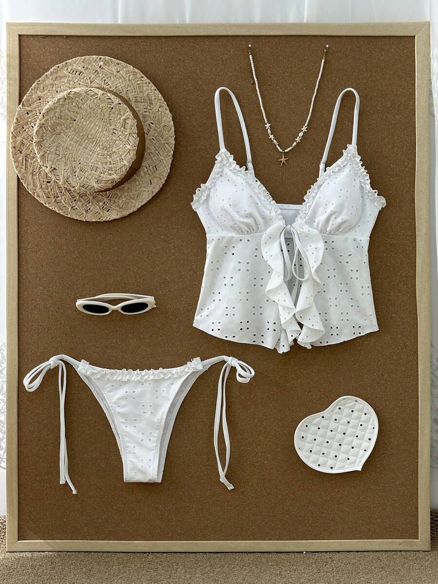 Swim Mod Women's Swimsuit, Sweet & Cute Beach Vacation Casual, White Textured Fabric Ruffle Tie-Up 2 Pieces Backless Bikini - White - View 1
