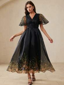 Aveloria Rosie New Arrival Princess Style Printed Organza Dress, V-Neck Short Sleeve Waist Cinched Dress - Multicolor - View 6