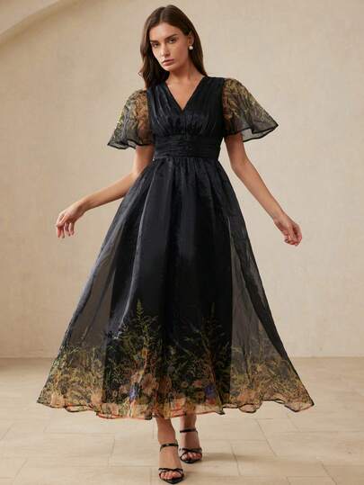 Aveloria Rosie New Arrival Princess Style Printed Organza Dress, V-Neck Short Sleeve Waist Cinched Dress