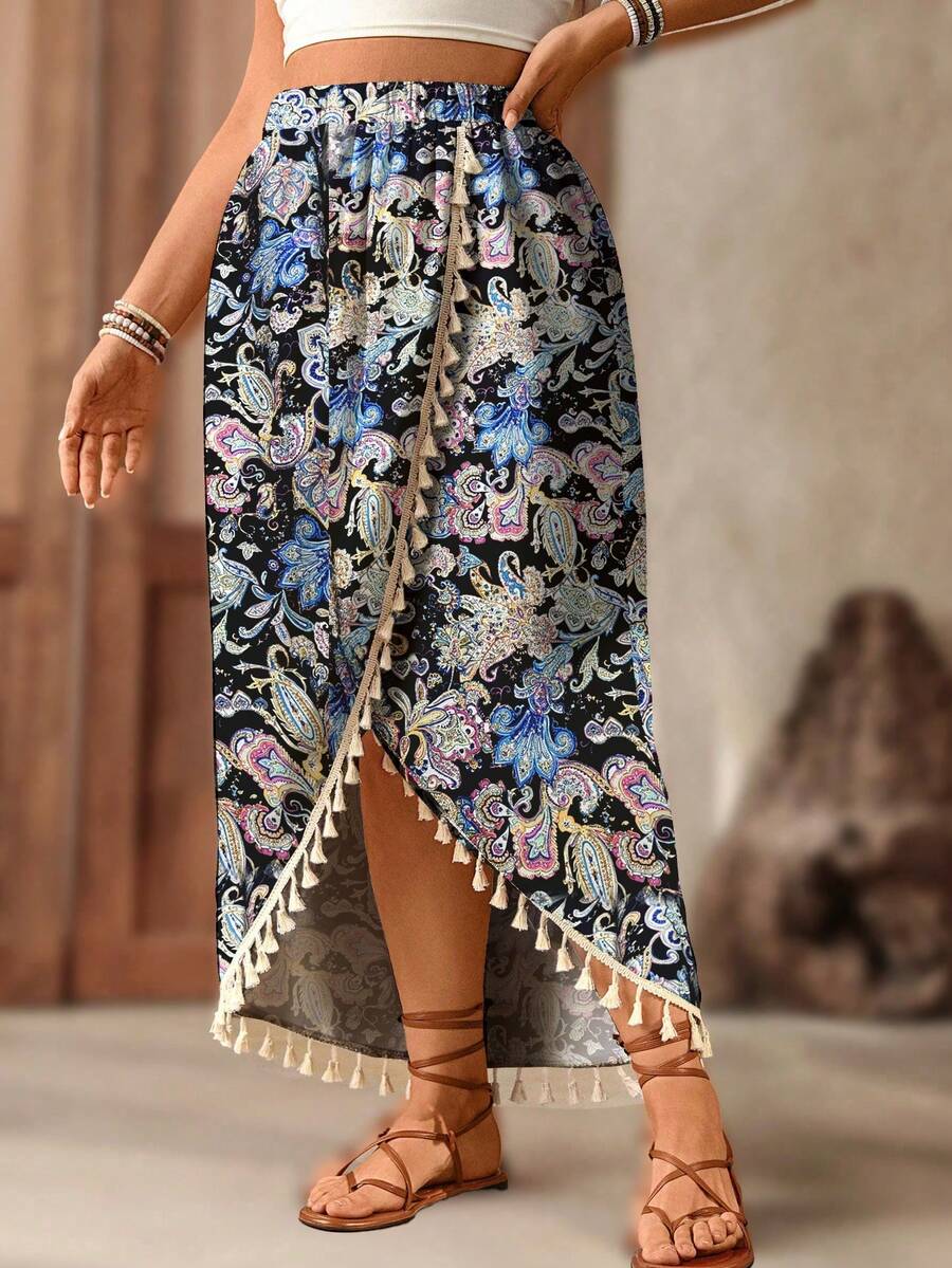 SHEIN Holidaya 大码女式波西米亚风度假流苏裙 - 藍色 - 查看 1