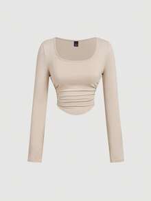 SHEIN MOD 4件套女士褶皱休闲方领长袖T恤套装，保暖衣物，秋季女装，外出上衣，假日女装，新年装，棕色上衣 - 彩色 - 查看 7