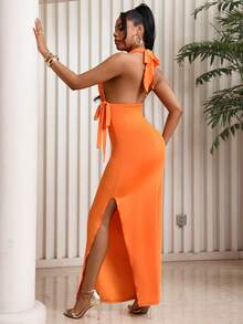 Lureya Women's Fashion Spaghetti Strap Spaghetti Strap Deep V Neck Hollow Out Drawstring Waist Side High Slit Sexy Charming Elegant Young Romantic Daily Vacation Outing Party Maxi Dress, Spring/Summer,Sexy Off Shoulder Dress,Orange Vacation Dress - Orange - View 2