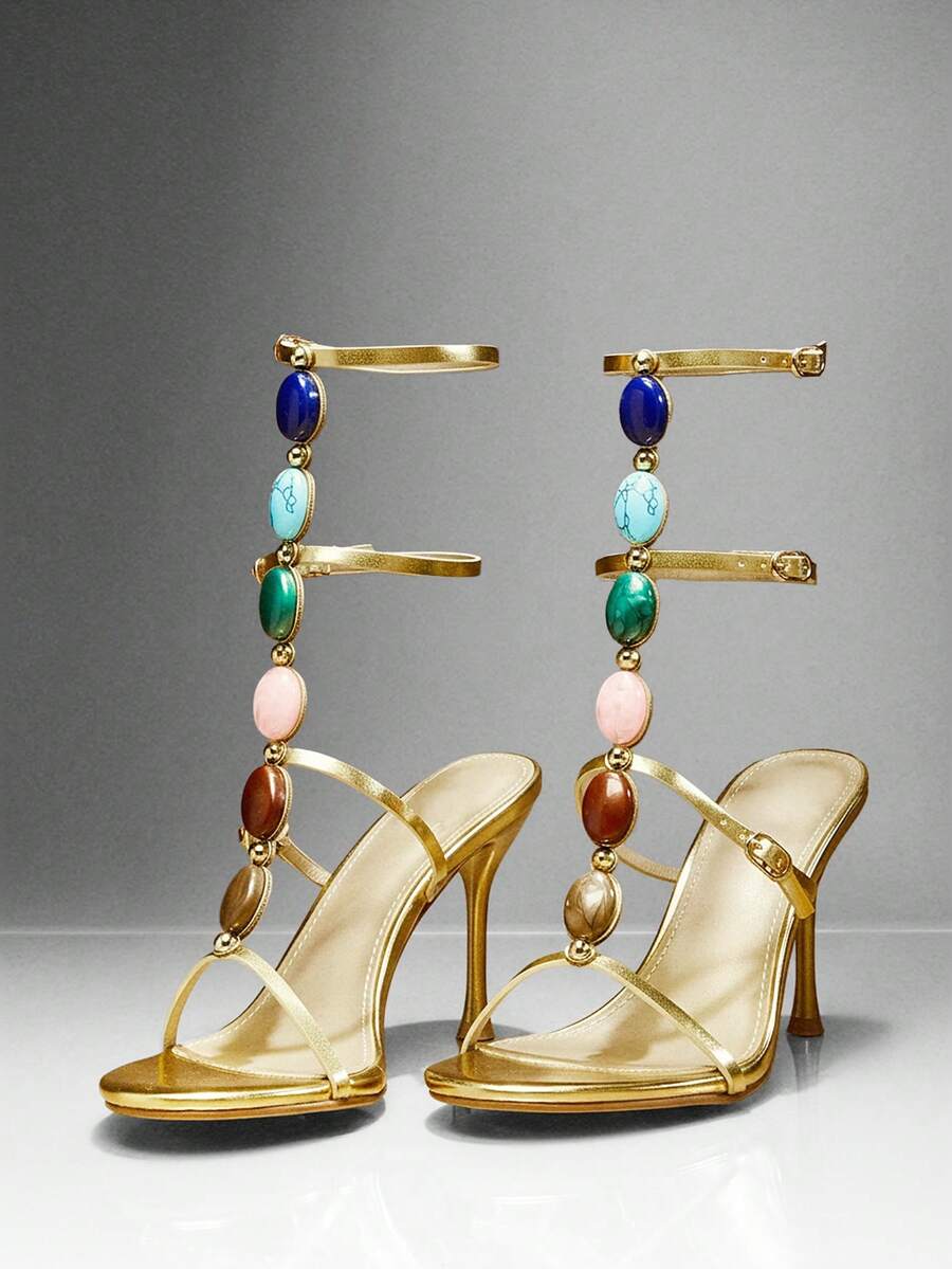 SHUZIA 女士宝石装饰踝带细高跟日常复古性感沙滩优雅金属 PU 金色高跟凉鞋 - 金色 - 查看 1