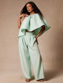 NYA SZN 单肩荷叶边上衣和阔腿七分裤 - 綠色 - 查看 4