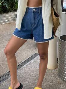 DAZY 女士棉质蕾丝拼接牛仔短裤，适合海滩、夏季穿着，Y2K风格 - 藍色 - 查看 4
