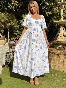 SHEIN Apricot Bohemian Style Square Neck Elegant Maternity Dress - Apricot - View 4