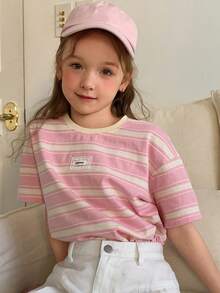 DAZY 少女条纹圆领短袖休闲宽松百搭T恤 - 粉色 - 查看 7