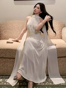 DAZY Women's Elegant Solid White Collar Tie Strap Sleeveless Mid-Length Dress, Summer - White - View 5