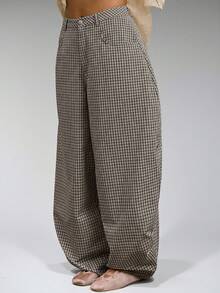 COUREZ Unisex Women Men Low Rise Baggy Barrell Fit Check Trousers Cotton - Coffee Brown - View 7