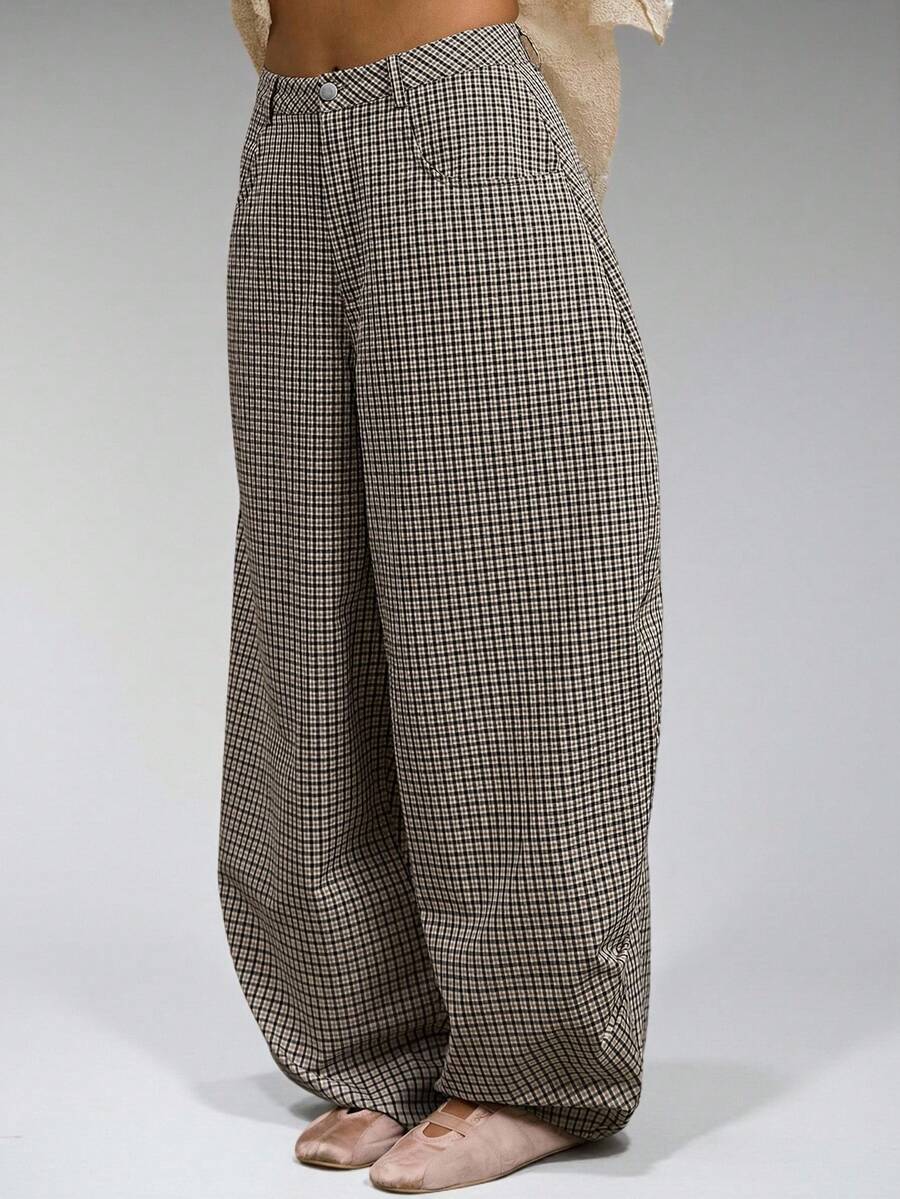 COUREZ Pantalones holgados de tiro bajo a cuadros de algodón unisex para mujeres y hombres - Café integral - Ver 1