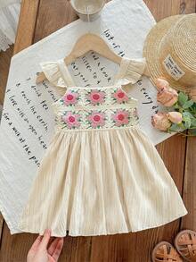 SHEIN 女宝宝度假休闲可爱碎花钩针吊带裙 - 米色 - 查看 1