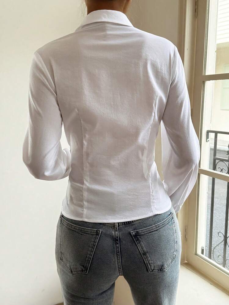 White Carnival Spring Collared Solid Color Waist Fitted Women Shirt Y2k