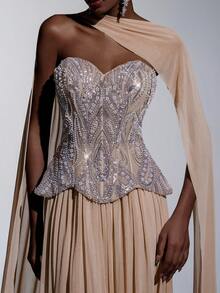 Elitara Elegant Luxurious Apricot Satin Beaded Sequin Embroidered Mesh Splice Elastic Knit Ruched Hanging Tassel Suitable For Wedding, Party, Vacation, Ball, Holiday Evening Dress - Apricot - View 2