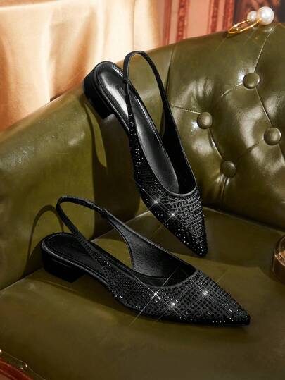 CUCCOO TILAWA Women Shoes Pointed Low Coarse Heel Black Full Diamond Fashion Gorgeous Banquet Party Ladies Flat Shoes Back Strap Slingback Flat Shoes Women's Shoes