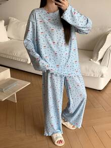 DAZY 2件套女士可爱印花宽松长袖T恤和长裤睡衣套装，春季 - 淺藍色 - 查看 3