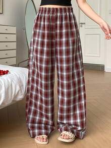 DAZY Plaid Loose Straight Leg Long Pajama Pants, Women Spring Homewear Bottom - Blue - View 10