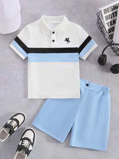 SHEIN 2pcs Tween Boy Patchwork Short Sleeve Shirt Polo + Solid Color Shorts, Outfit For Birthday Party,  , Anniversary, Valentine's DayWedding,Prom,Graduation