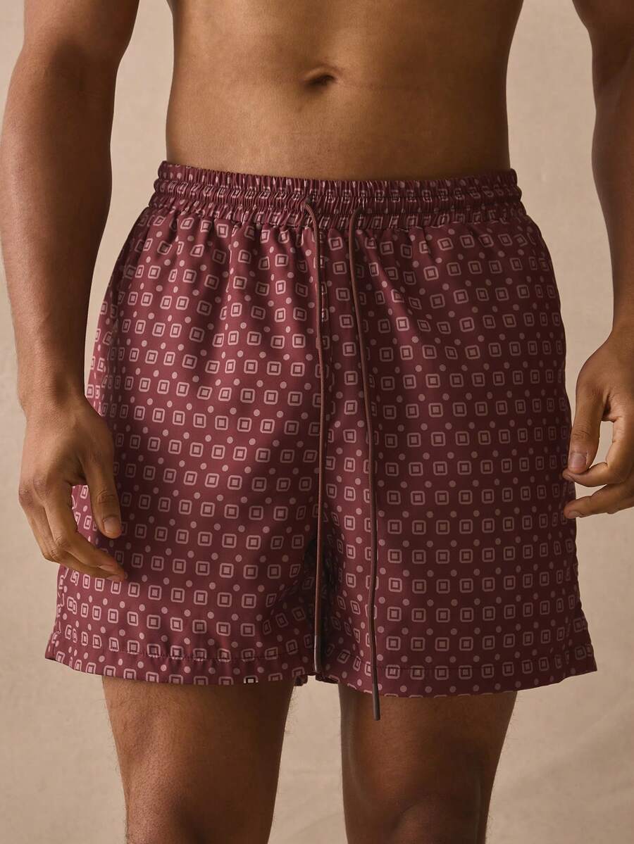 Musero All Over Mosaic Print Elasticated Drawstring Waistband Swim Shorts Spring Summer Holiday Essentials Poolside Beachy - Rust Brown - View 1