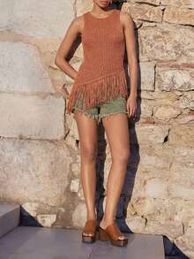 Maija Women Orange Sleeveless Fringed Hem Knit Top - Coral Orange - View 2