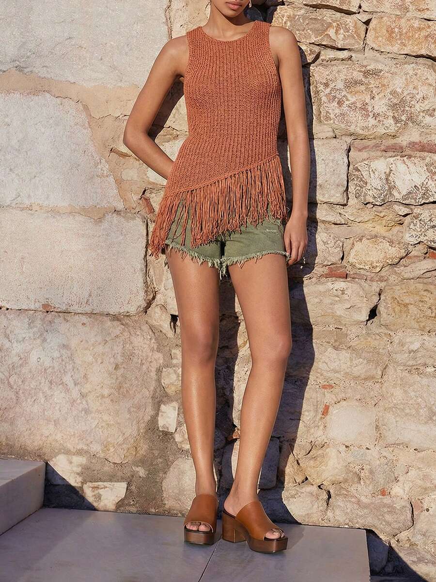 Maija Women Orange Sleeveless Fringed Hem Knit Top - Coral Orange - View 1