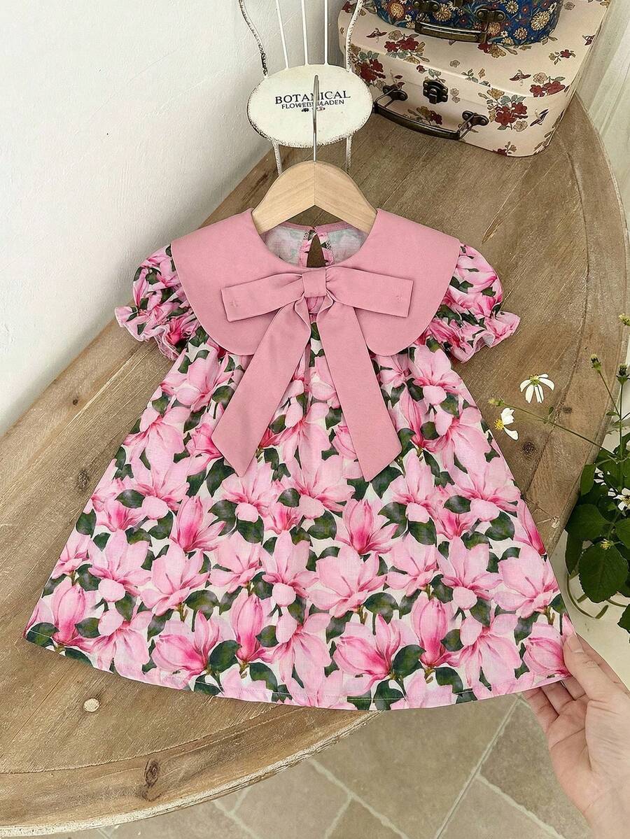 LMoss Kids Đầm dệt phối màu cổ Peter Pan tay cánh hoa cho bé gái, kiểu dáng thường ngày. - Nhiều màu - Xem 1