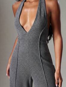 Hauture Women's Sexy Casual Halter Neck Rib Seam Overlock Detail Backless Jumpsuit - Grey - View 4