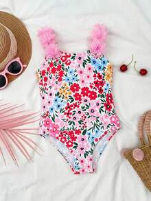 Emery Rose Kids Emery Rose Kids 女童条纹蝴蝶结花卉连体泳衣 - 粉色 - 查看 9