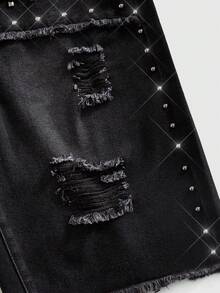 ROMWE MEN Heavy Washed Distressed Rivet Design Street-Style Loose Fit Cropped Jeans For Men - Black - View 4