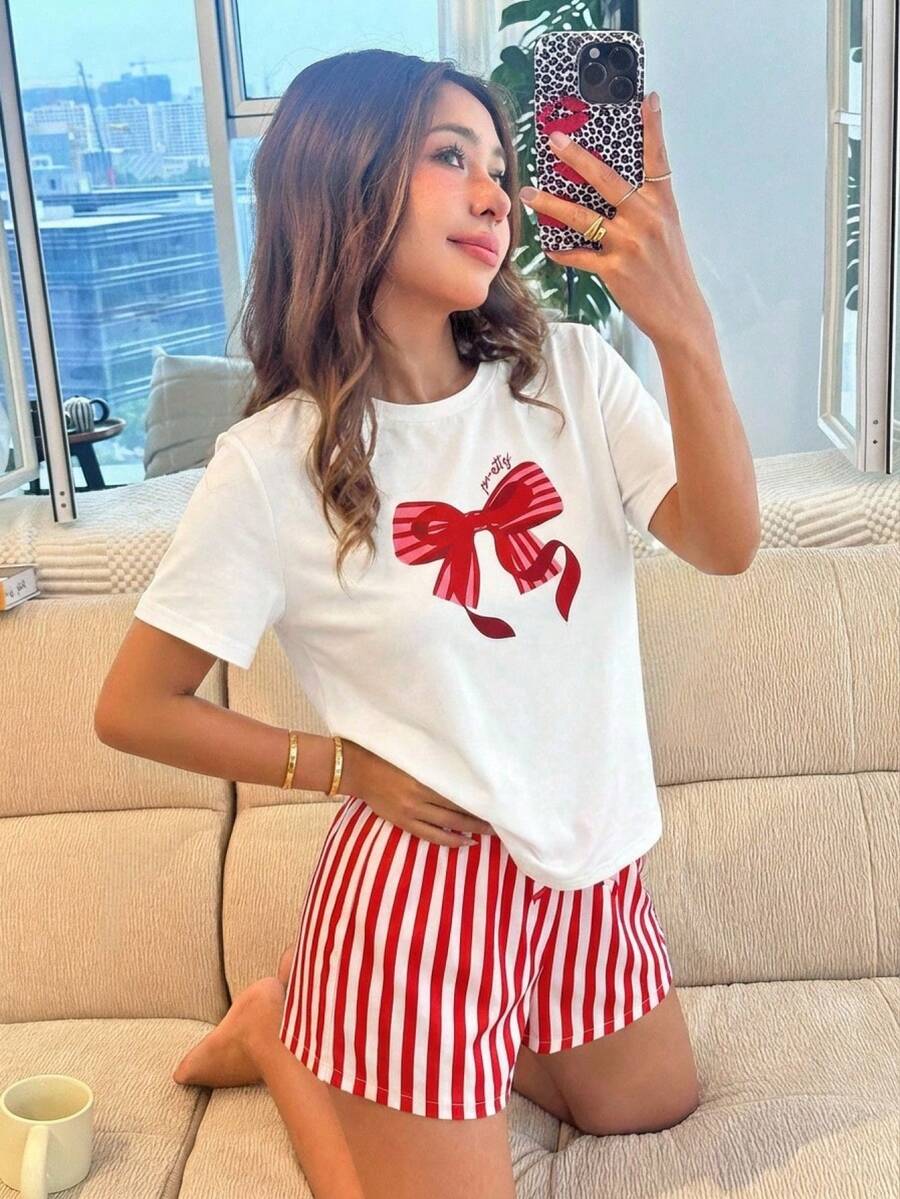 SHEIN Bộ đồ ngủ 2 món cho bé gái, gồm áo thun ngắn tay cổ tròn thắt nơ và quần short kẻ sọc, chất liệu mềm mại, thoải mái, màu đỏ. - Đỏ - Xem 1