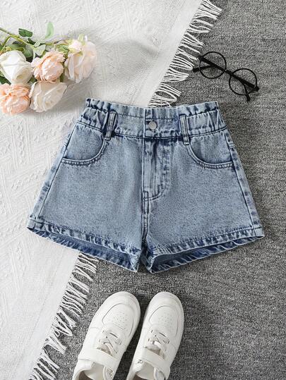 Tween Girls' Casual Denim Shorts, Light Blue Jeans Color, Pleated Waist Design, Loose Straight Leg, Soft & Comfortable Fabric, Suitable For School, Commute, Daily Wear